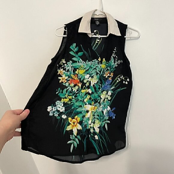 ALFANI PETITE Black Green Floral White? Collar Lace Sleeveless Button Blouse Top - Picture 8 of 16